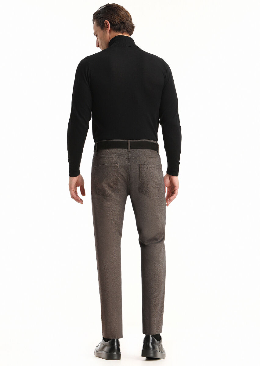 Brown Weaving Slim Fit Casual Cotton Blended Trousers - 4