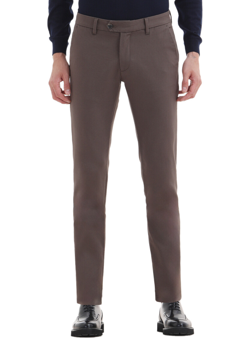 Brown Weaving Slim Fit Casual Cotton Blended Trousers 
