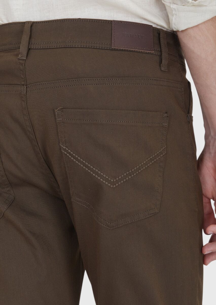 Brown Weaving Slim Fit Casual Cotton Blended Trousers - 4