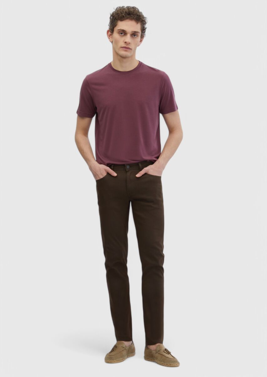 Brown Weaving Slim Fit Casual Cotton Blended Trousers - 1