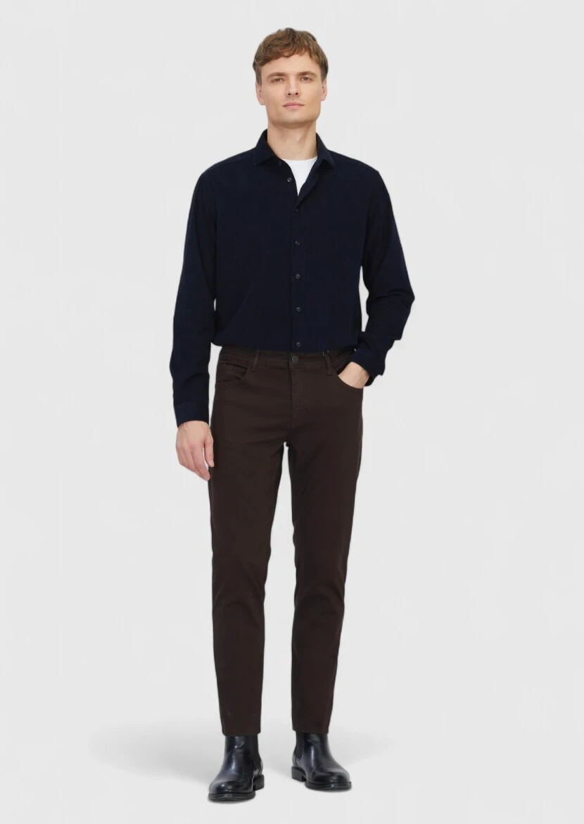 Brown Weaving Slim Fit Casual Cotton Blended Trousers - RAMSEY