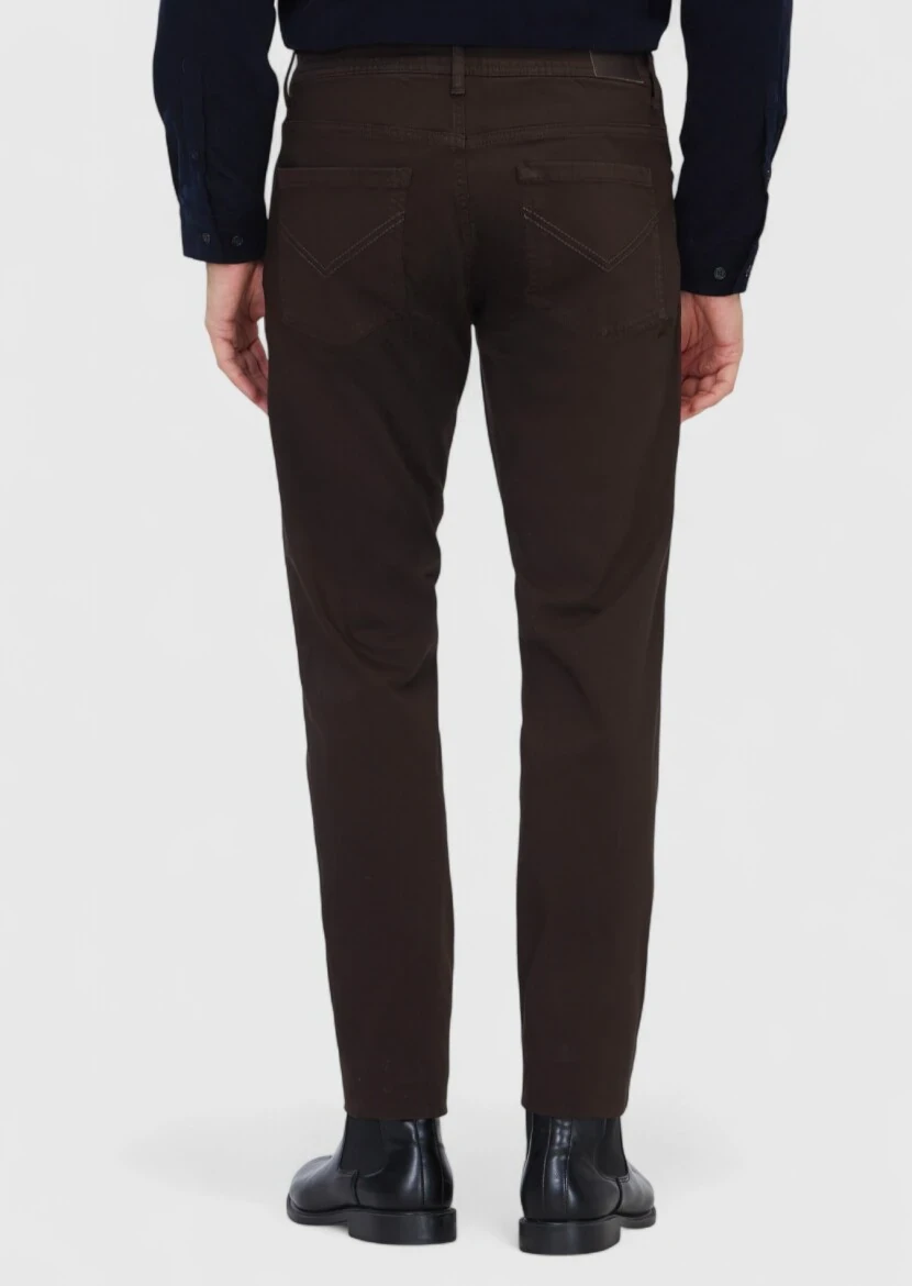 Brown Weaving Slim Fit Casual Cotton Blended Trousers - 5