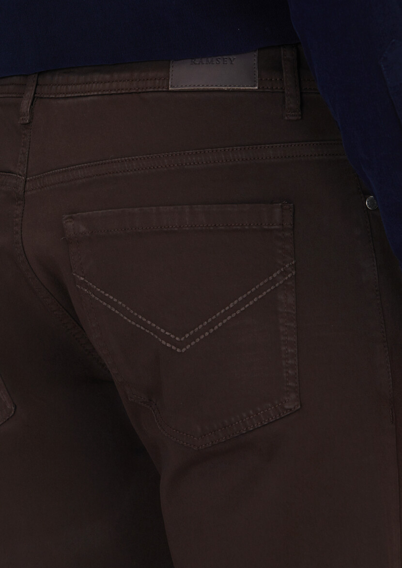 Brown Weaving Slim Fit Casual Cotton Blended Trousers - 4