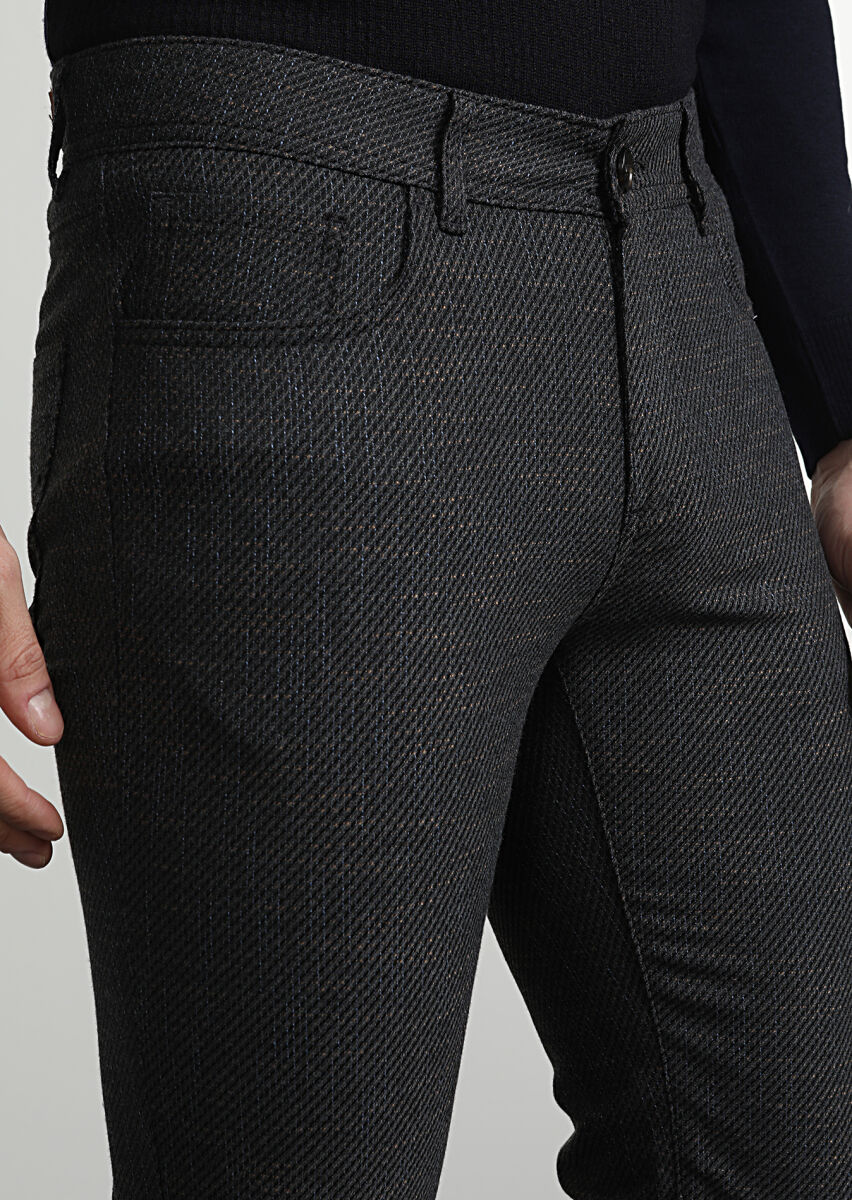 Brown Weaving Slim Fit Casual Trousers - 2