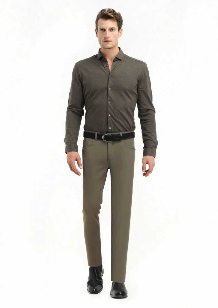 Brown Weaving Slim Fit Casual Trousers - 1