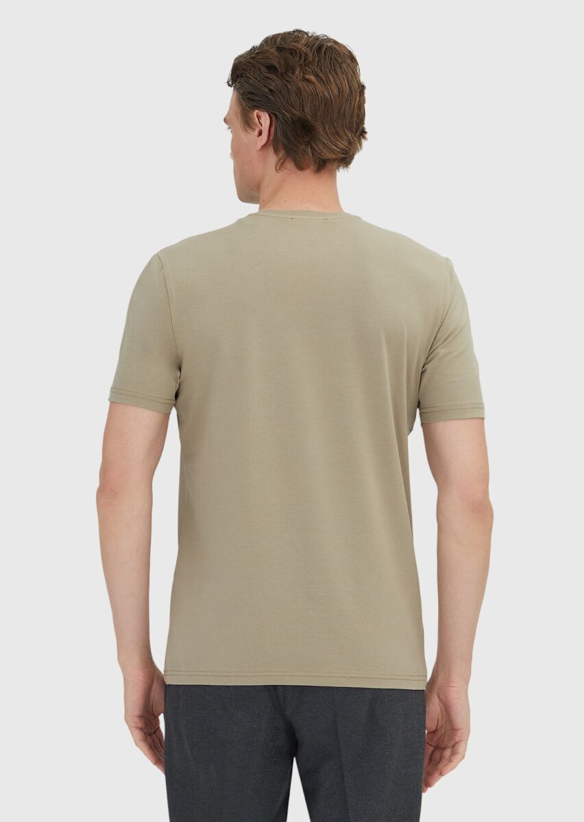 Buff Plain Crew Neck Cotton Blended T-Shirt - 5