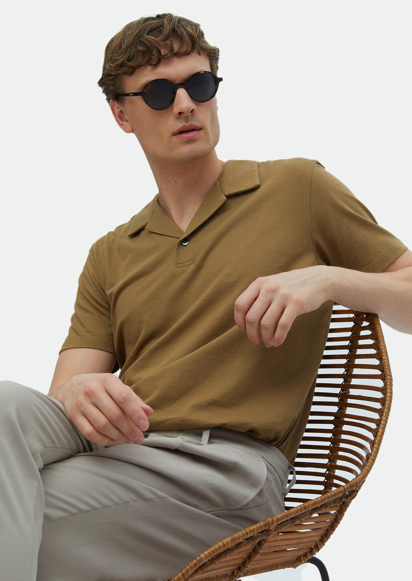 Buff Plain Polo Neck 100% Cotton T-Shirt - 3