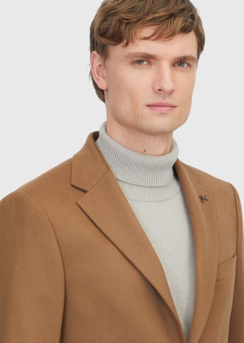 Buff Plain Regular Fit 100% Cashmire Jacket - 4