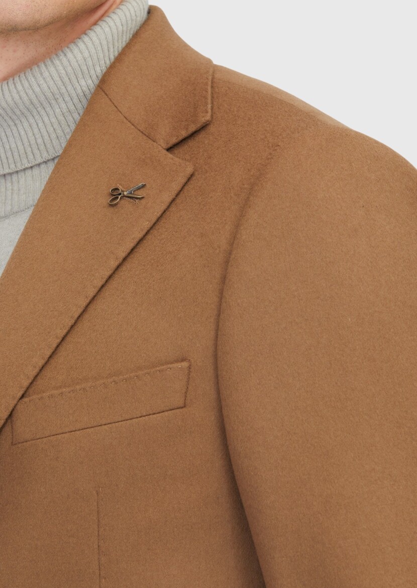 Buff Plain Regular Fit 100% Cashmire Jacket - 5