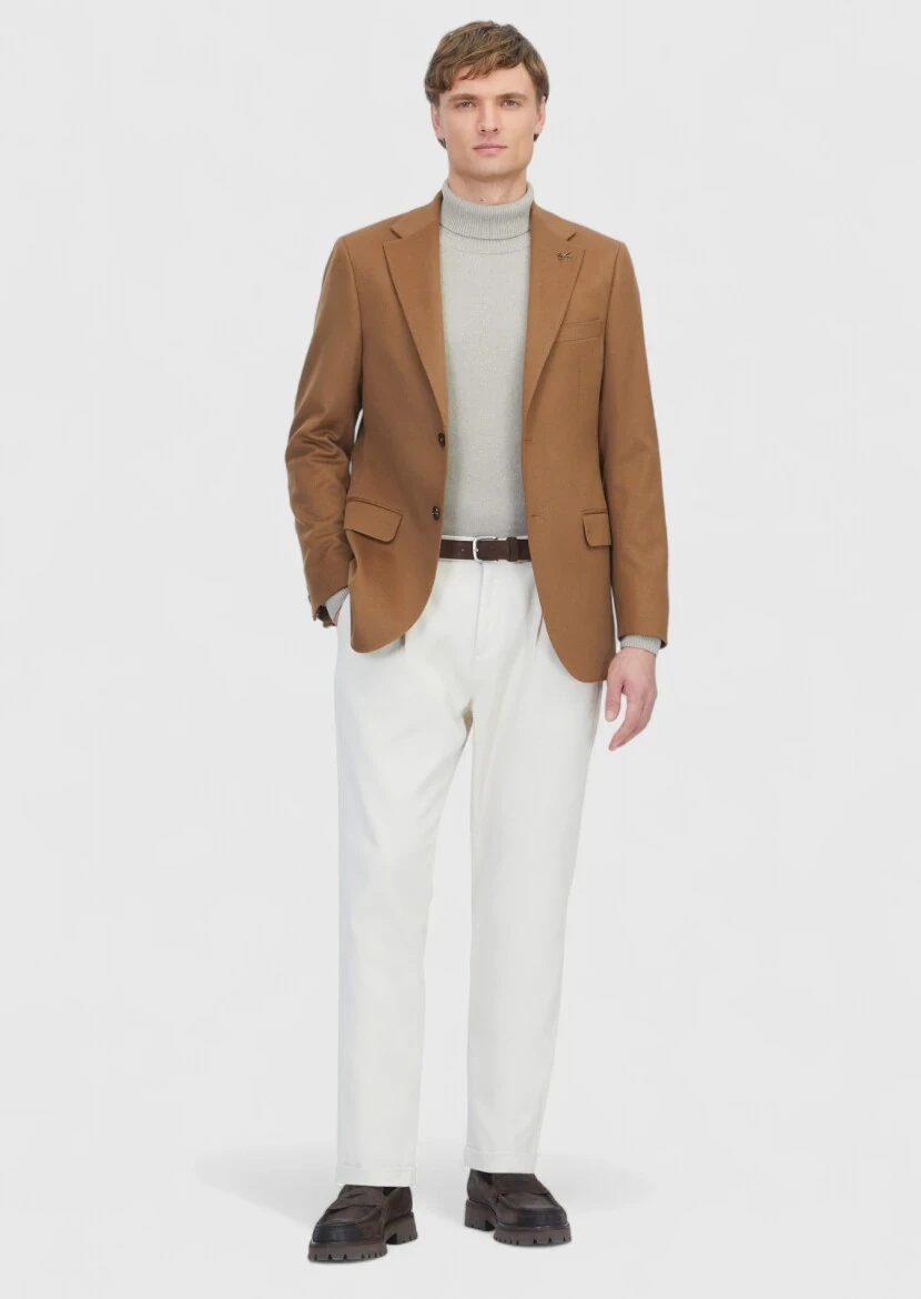 Buff Plain Regular Fit 100% Cashmire Jacket - 2