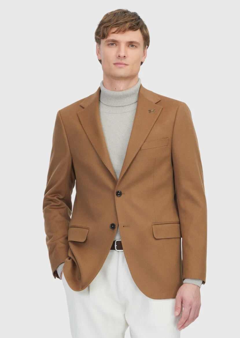 Buff Plain Regular Fit 100% Cashmire Jacket - RAMSEY