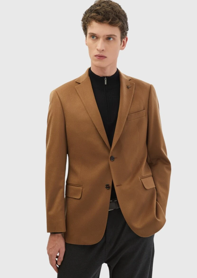 Buff Plain Regular Fit 100% Cashmire Jacket - RAMSEY