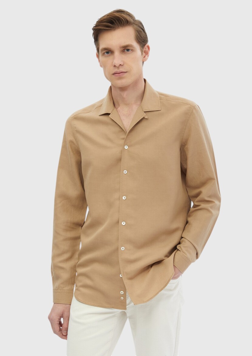 Buff Plain Regular Fit Long Weaving Casual Linen Blended Shirt - RAMSEY