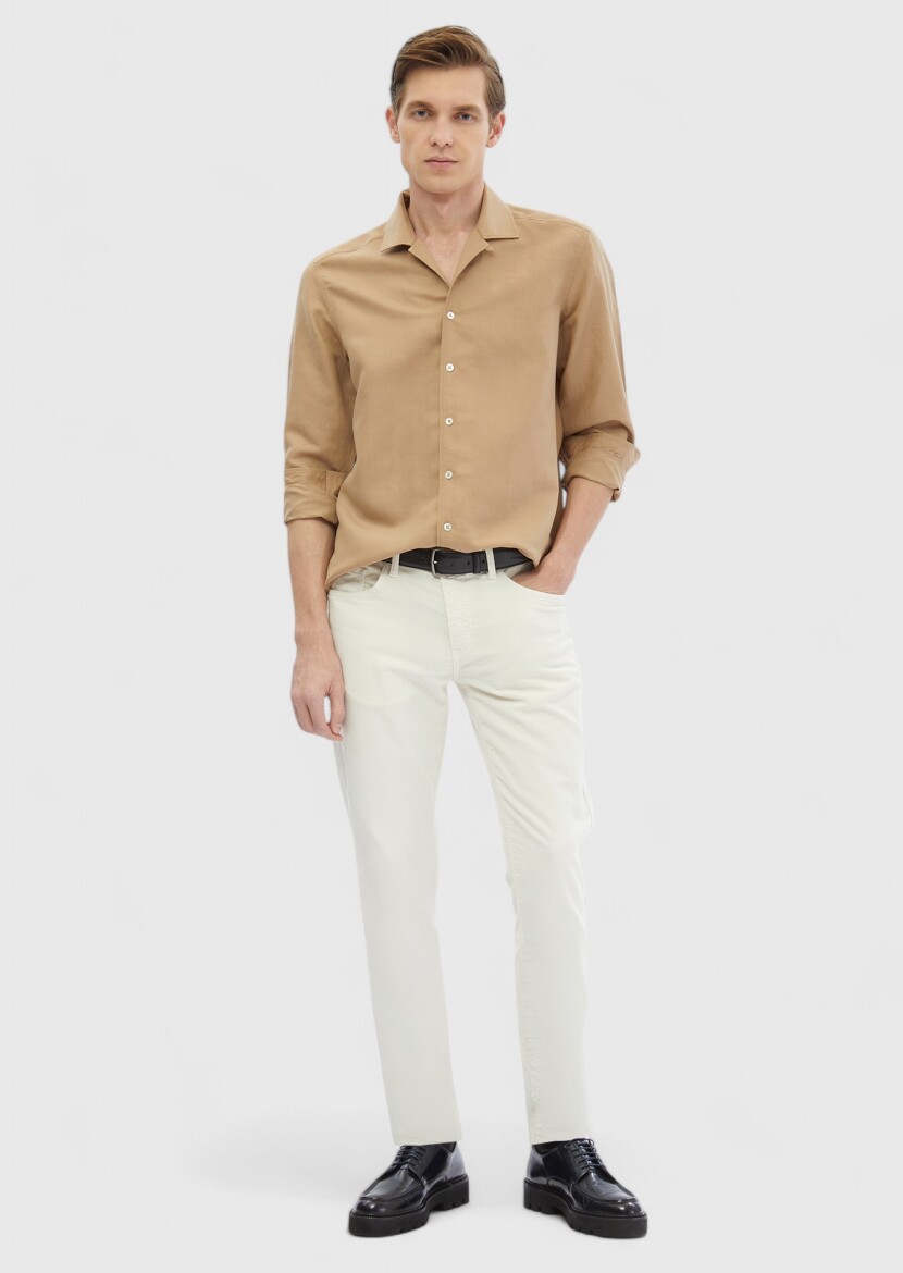 Buff Plain Regular Fit Long Weaving Casual Linen Blended Shirt - RAMSEY