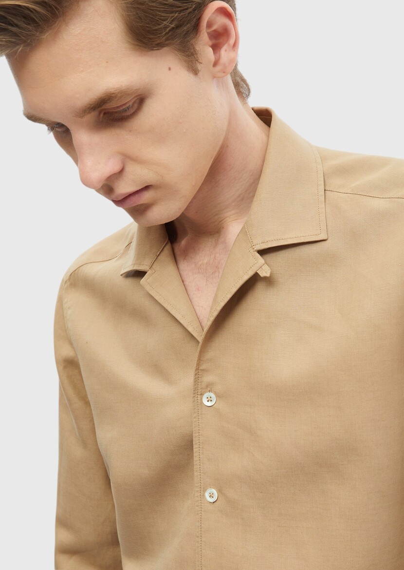 Buff Plain Regular Fit Long Weaving Casual Linen Blended Shirt - 5