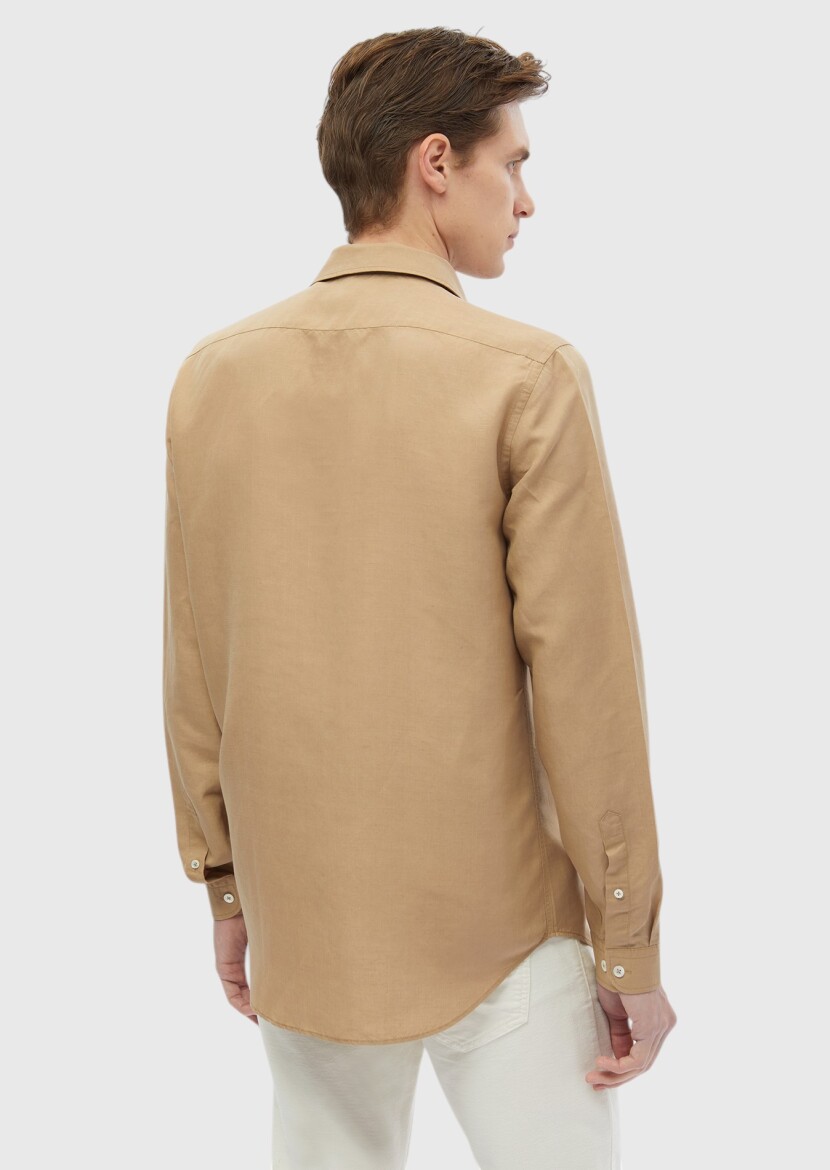 Buff Plain Regular Fit Long Weaving Casual Linen Blended Shirt - 6
