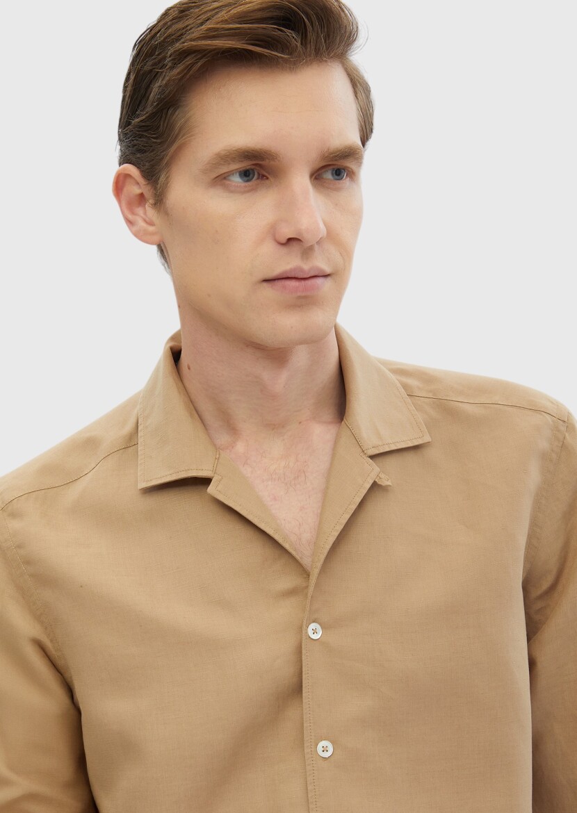 Buff Plain Regular Fit Weaving Casual Linen Blended Shirt - 4