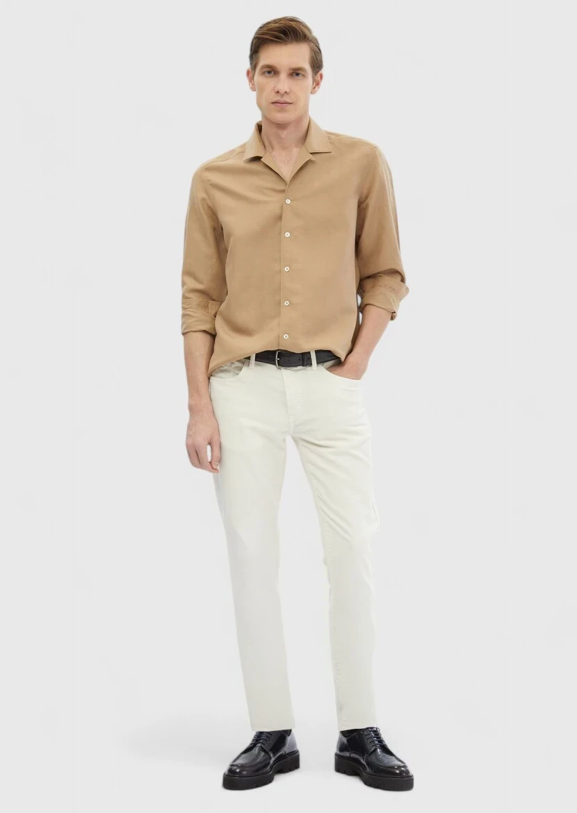 Buff Plain Regular Fit Weaving Casual Linen Blended Shirt 