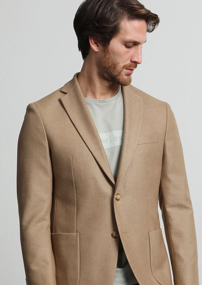 Buff Plain Shirt Shoulder Slim Fit Wool Blended Jacket - 1