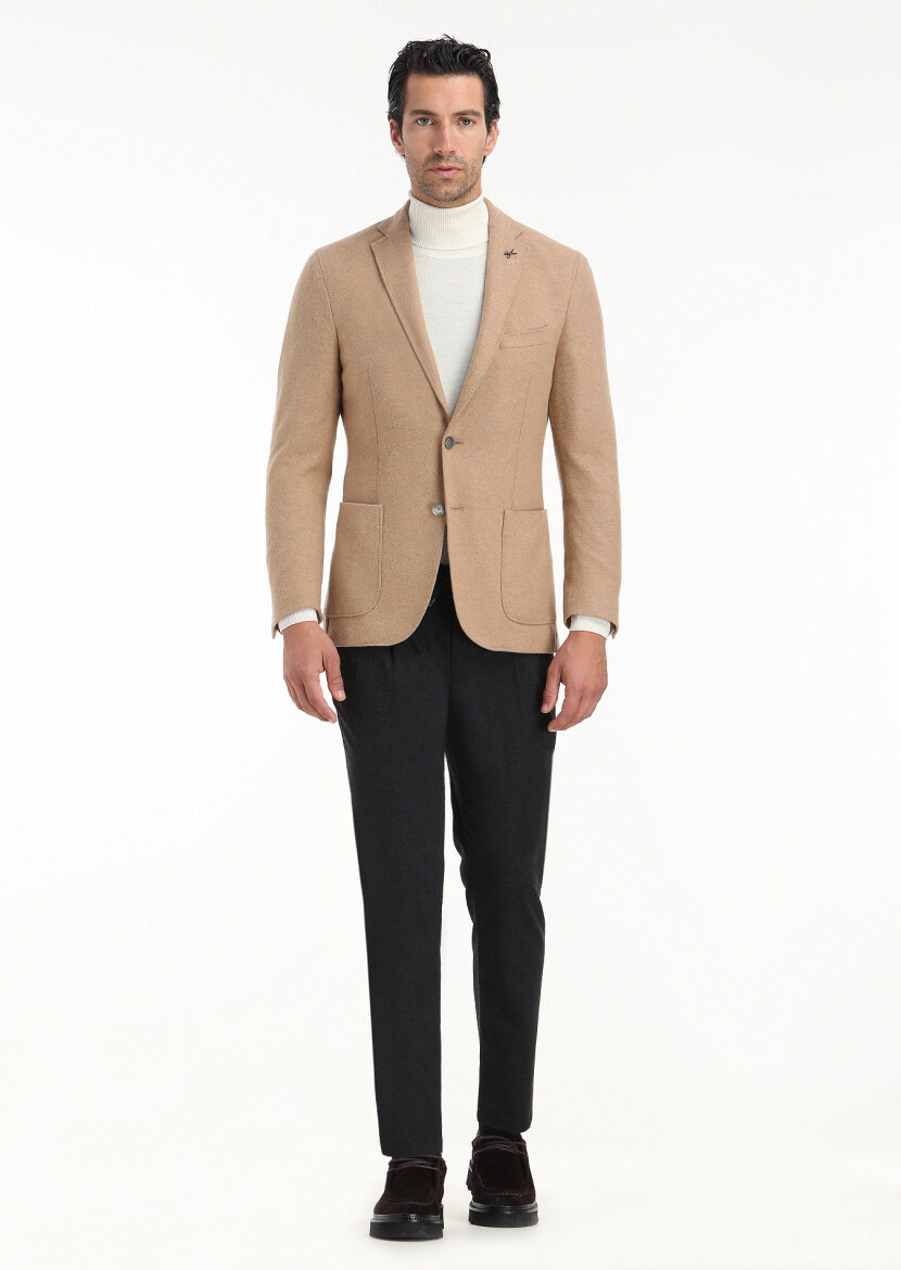 Buff Plain Shirt Shoulder Slim Fit Wool Blended Jacket - 1