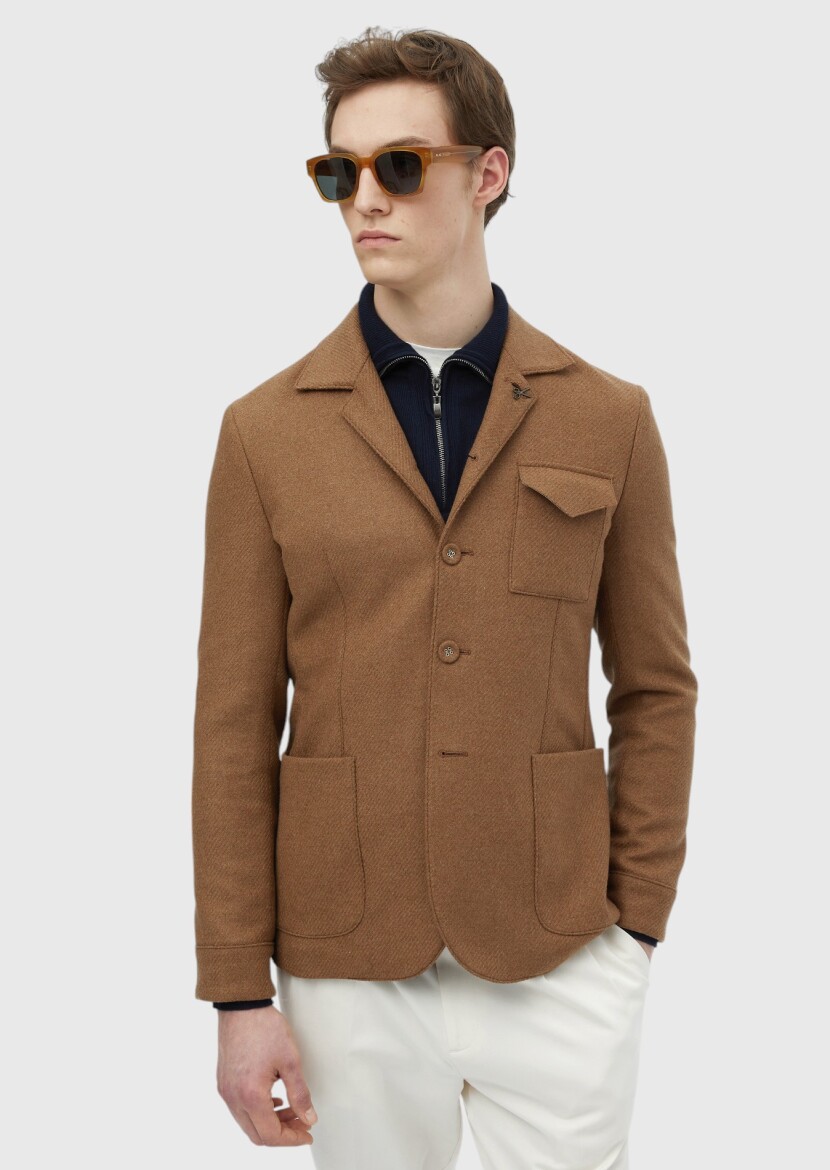 Buff Plain Shirt Shoulder Slim Fit Wool Blended Jacket - RAMSEY