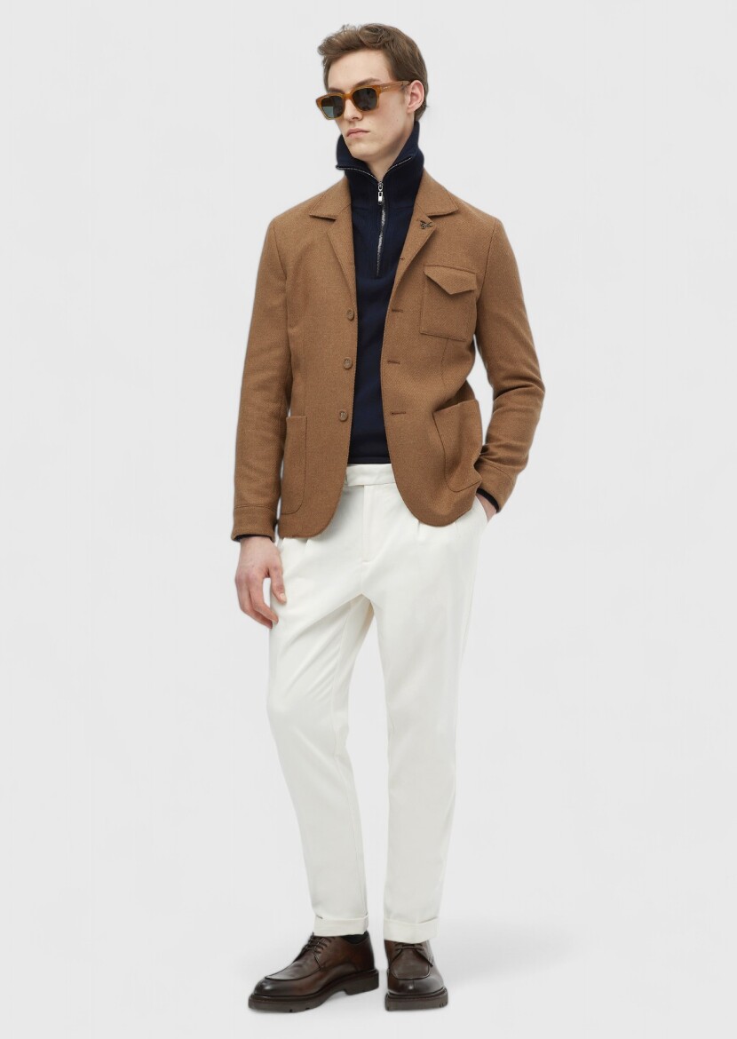 Buff Plain Shirt Shoulder Slim Fit Wool Blended Jacket - RAMSEY