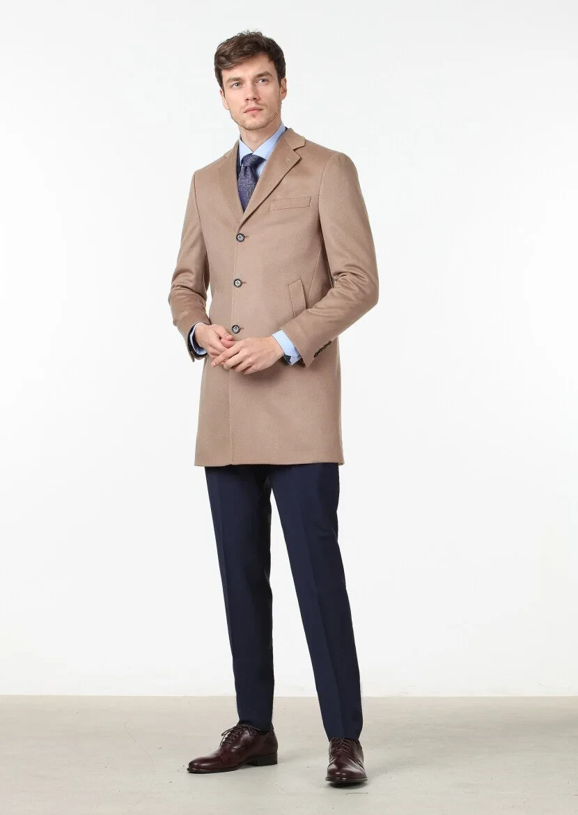 Buff Regular Fit Butterfly Collar Classical Weaving Overcoat 