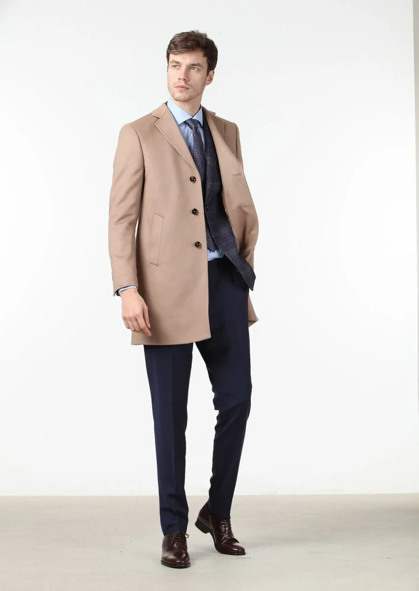 Buff Regular Fit Butterfly Collar Classical Weaving Overcoat - 3