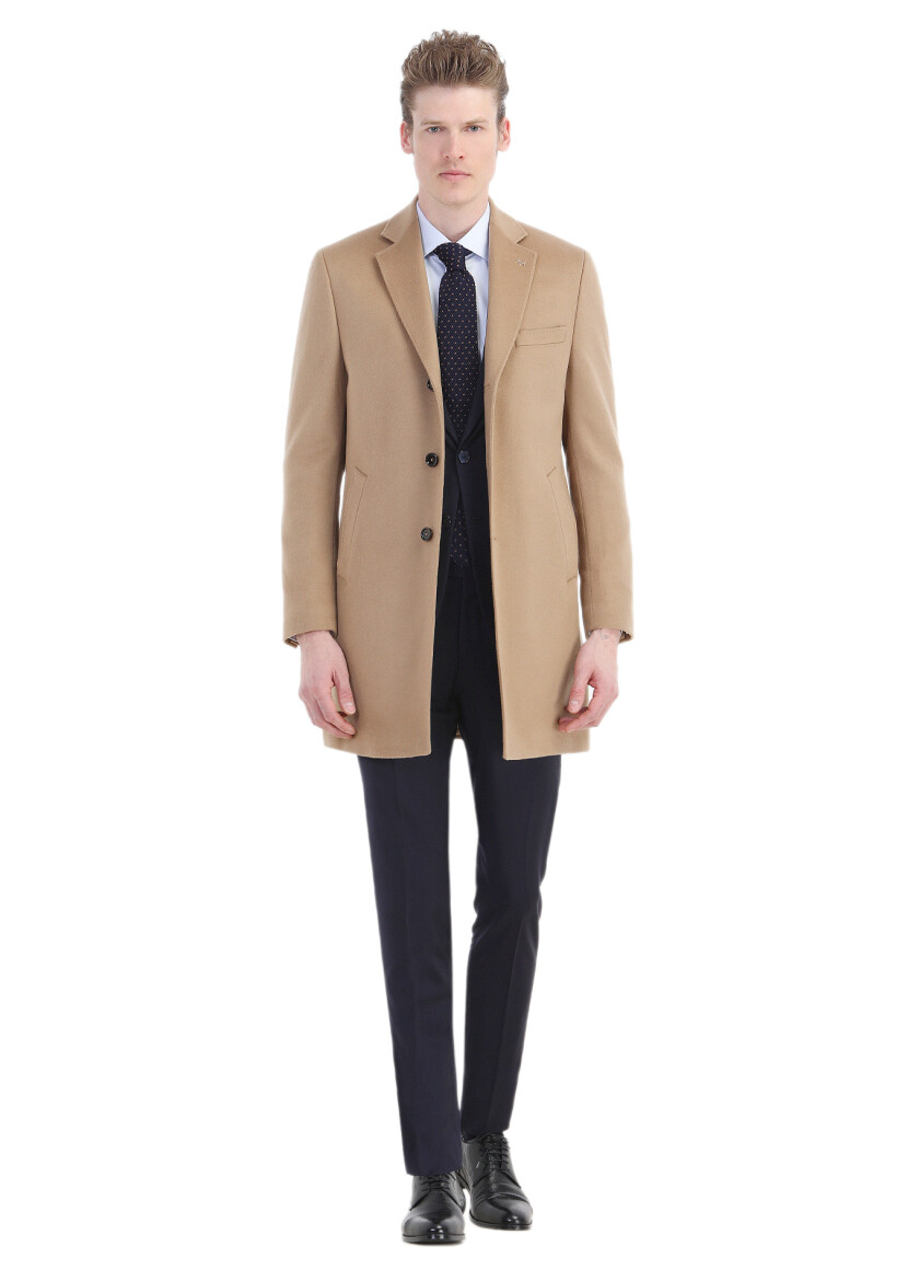 Buff Regular Fit Butterfly Collar Classical Weaving Overcoat - 1