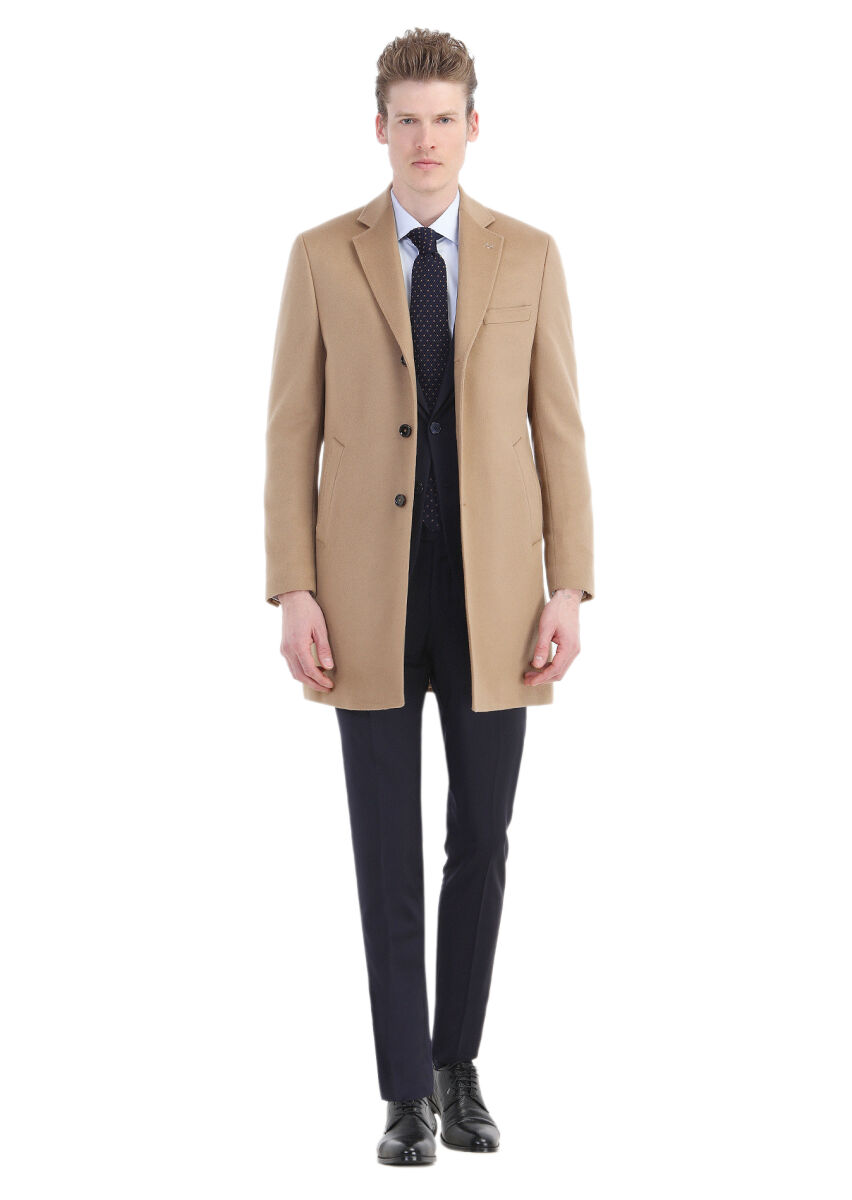 Buff Regular Fit Butterfly Collar Classical Weaving Overcoat - 1