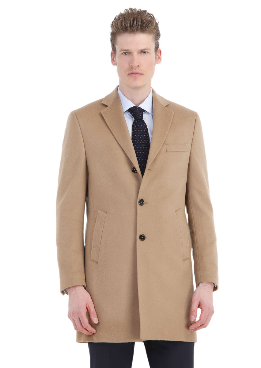 Buff Regular Fit Butterfly Collar Classical Weaving Overcoat - 2