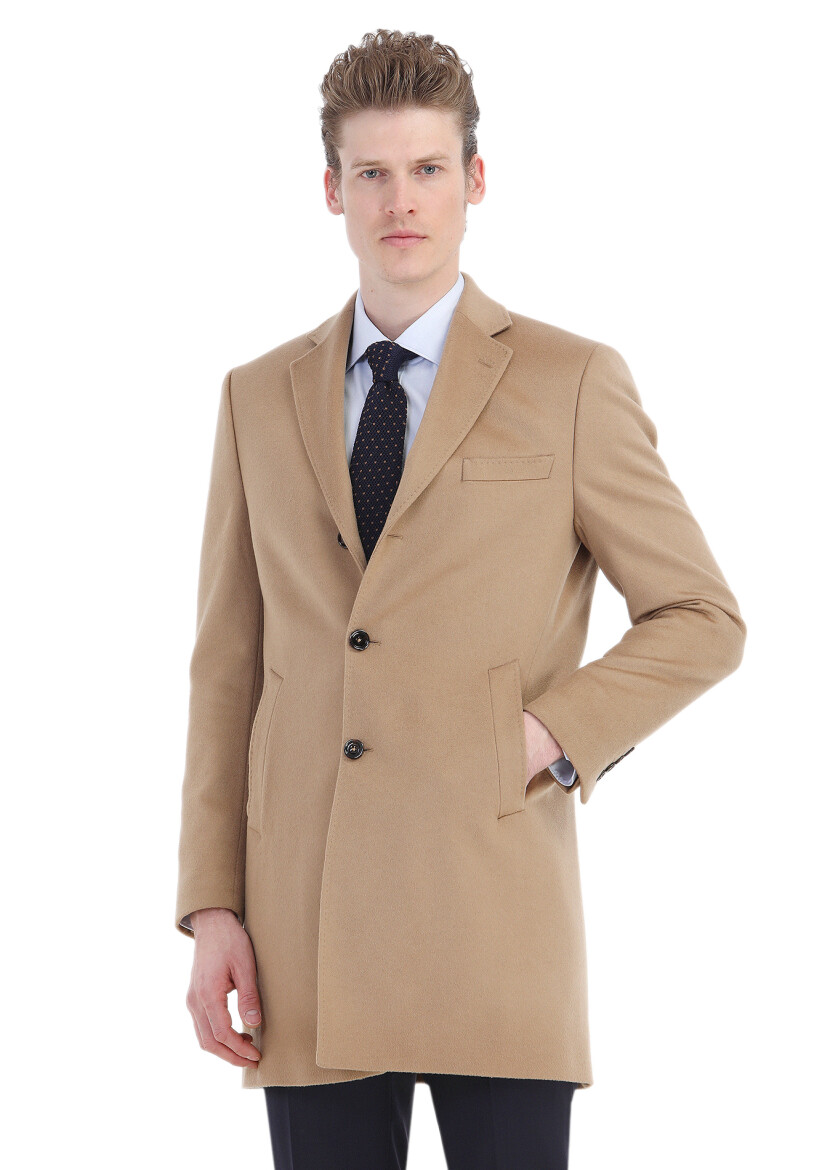 Buff Regular Fit Butterfly Collar Classical Weaving Overcoat - 4