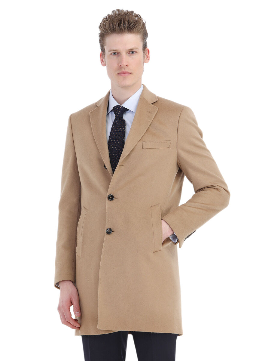 Buff Regular Fit Butterfly Collar Classical Weaving Overcoat - 4