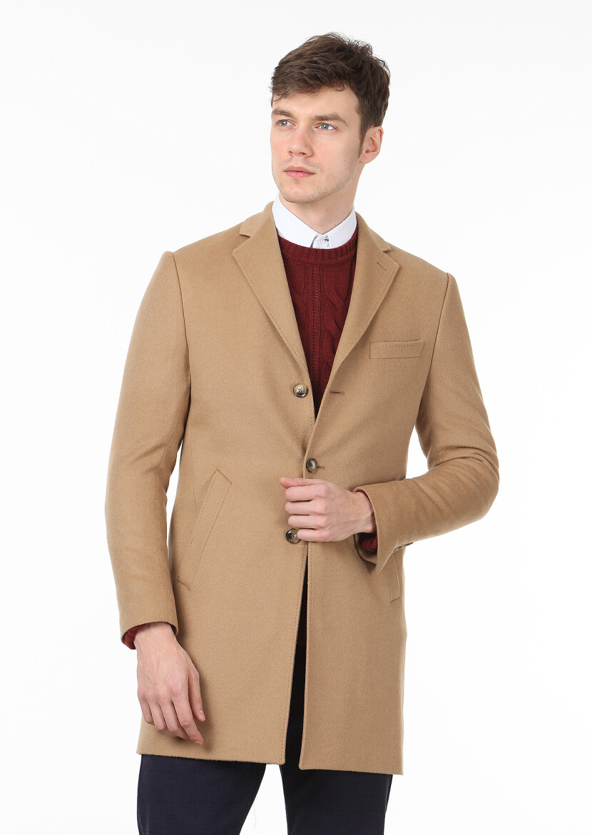 Buff Regular Fit Butterfly Collar Classical Weaving Overcoat - 1