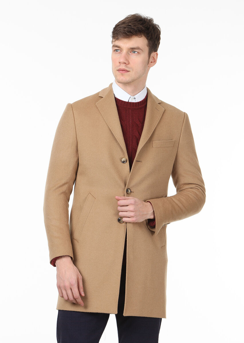 Buff Regular Fit Butterfly Collar Classical Weaving Overcoat - 1