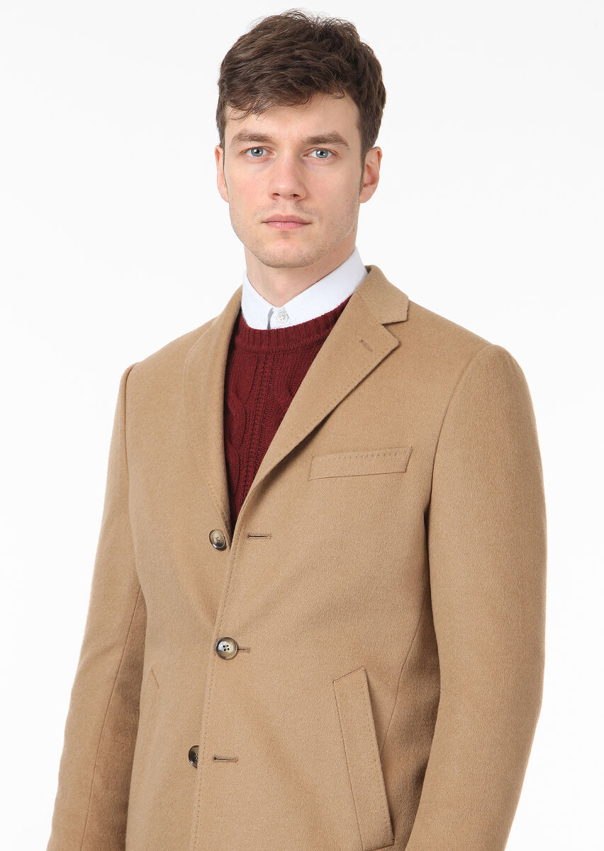 Buff Regular Fit Butterfly Collar Classical Weaving Overcoat - 2