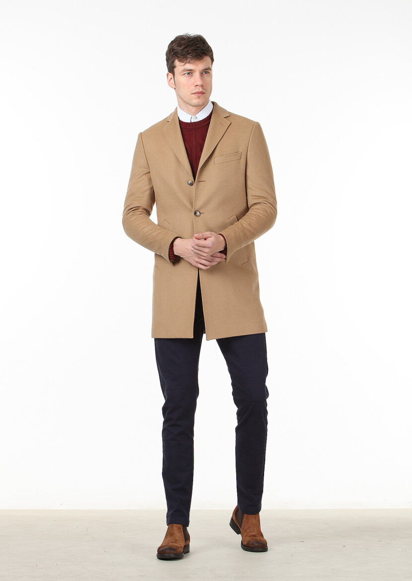 Buff Regular Fit Butterfly Collar Classical Weaving Overcoat - 3