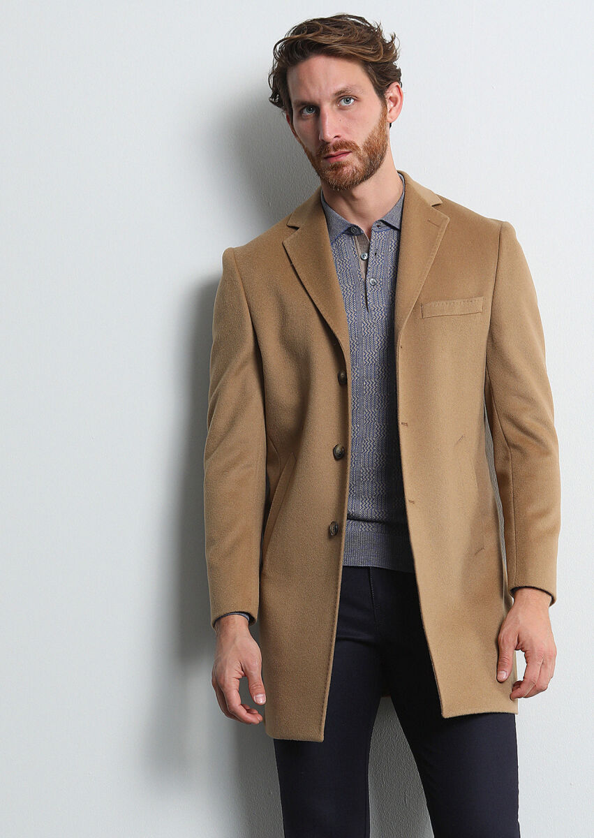 Buff Regular Fit Butterfly Collar Classical Weaving Overcoat - 1