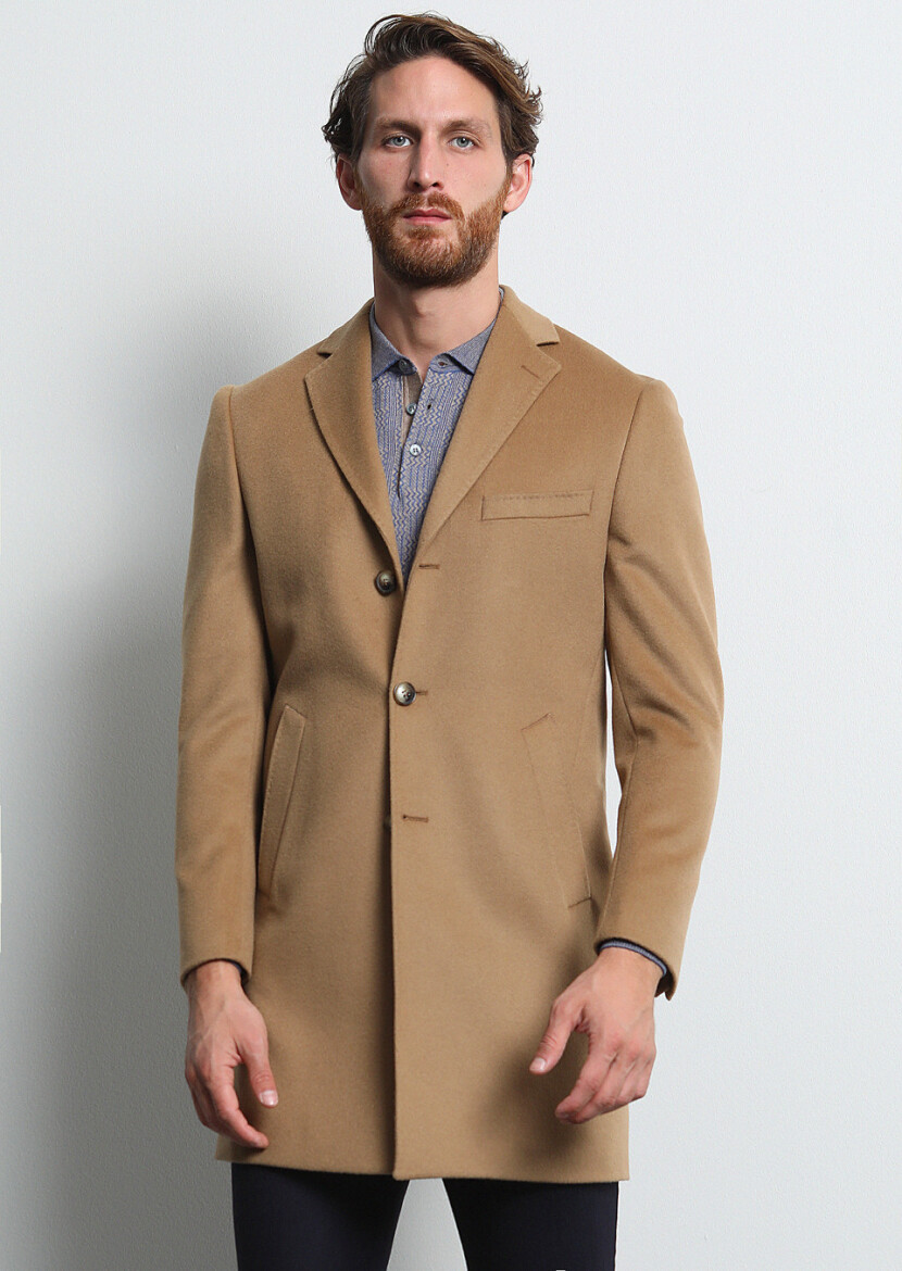 Buff Regular Fit Butterfly Collar Classical Weaving Overcoat - 2