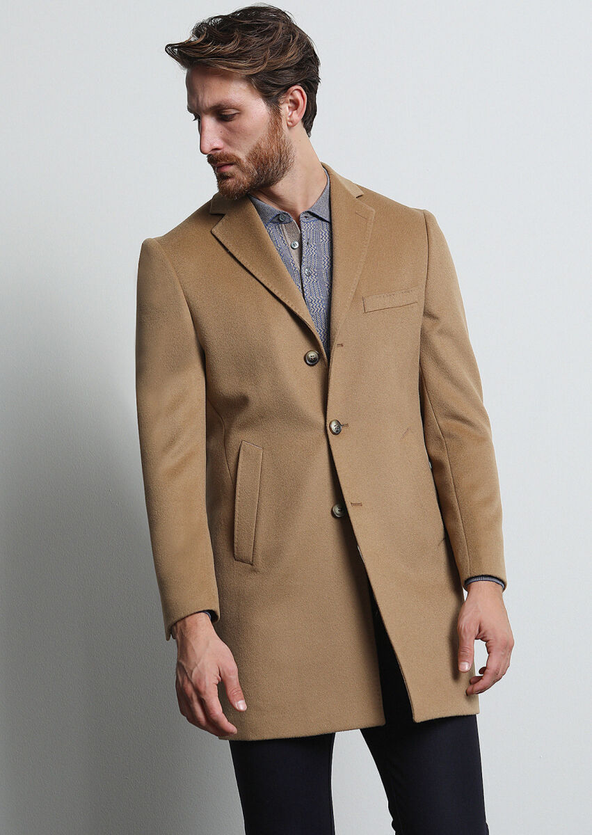 Buff Regular Fit Butterfly Collar Classical Weaving Overcoat - 4