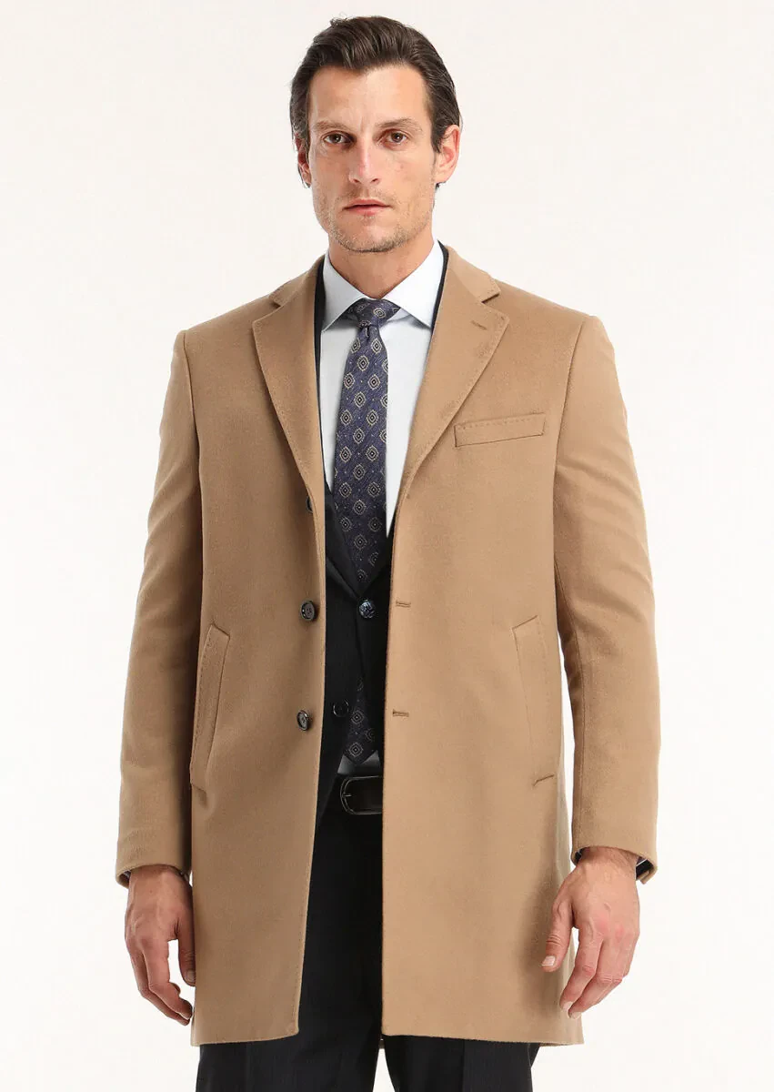 Buff Regular Fit Butterfly Collar Classical Weaving Overcoat - 2