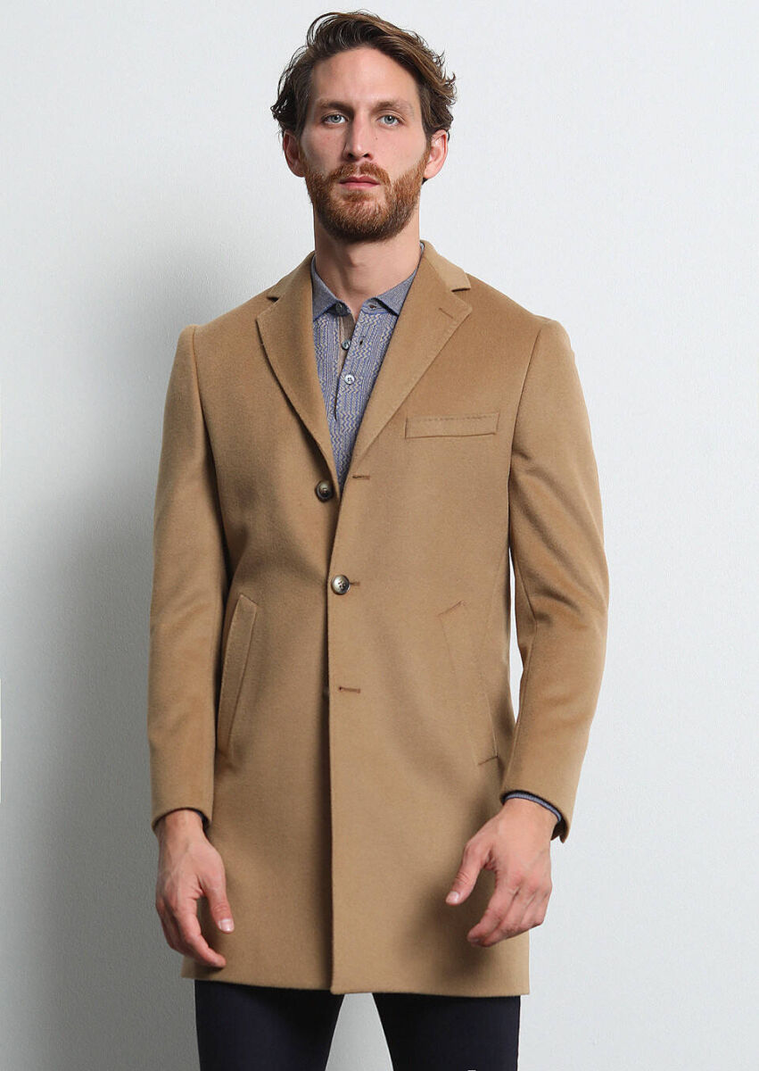 Buff Regular Fit Butterfly Collar Classical Weaving Overcoat - 2