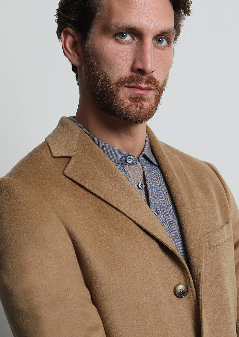 Buff Regular Fit Butterfly Collar Classical Weaving Overcoat - 3