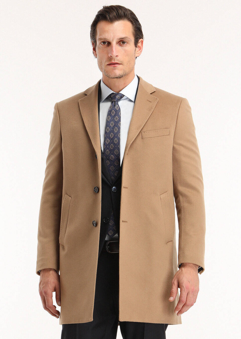 Buff Regular Fit Butterfly Collar Classical Weaving Overcoat - 1