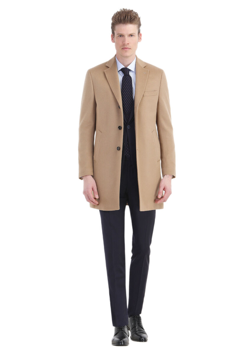 Buff Regular Fit Butterfly Collar Classical Weaving Overcoat - 2