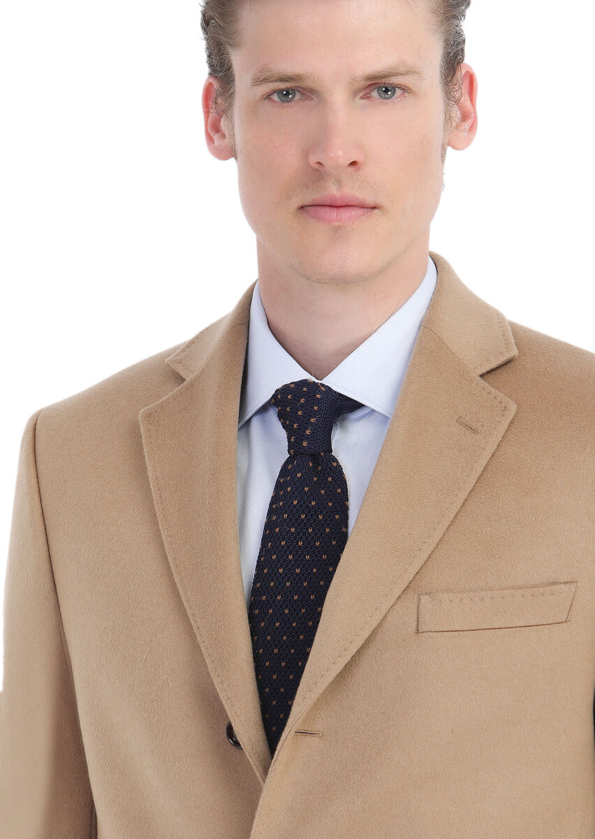 Buff Regular Fit Butterfly Collar Classical Weaving Overcoat - 3