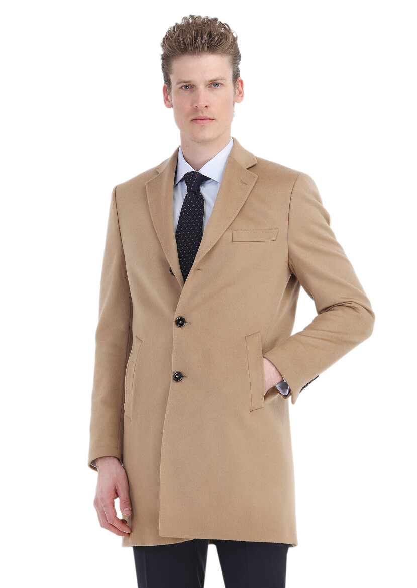 Buff Regular Fit Butterfly Collar Classical Weaving Overcoat - 4