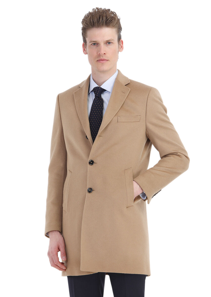 Buff Regular Fit Butterfly Collar Classical Weaving Overcoat - 4