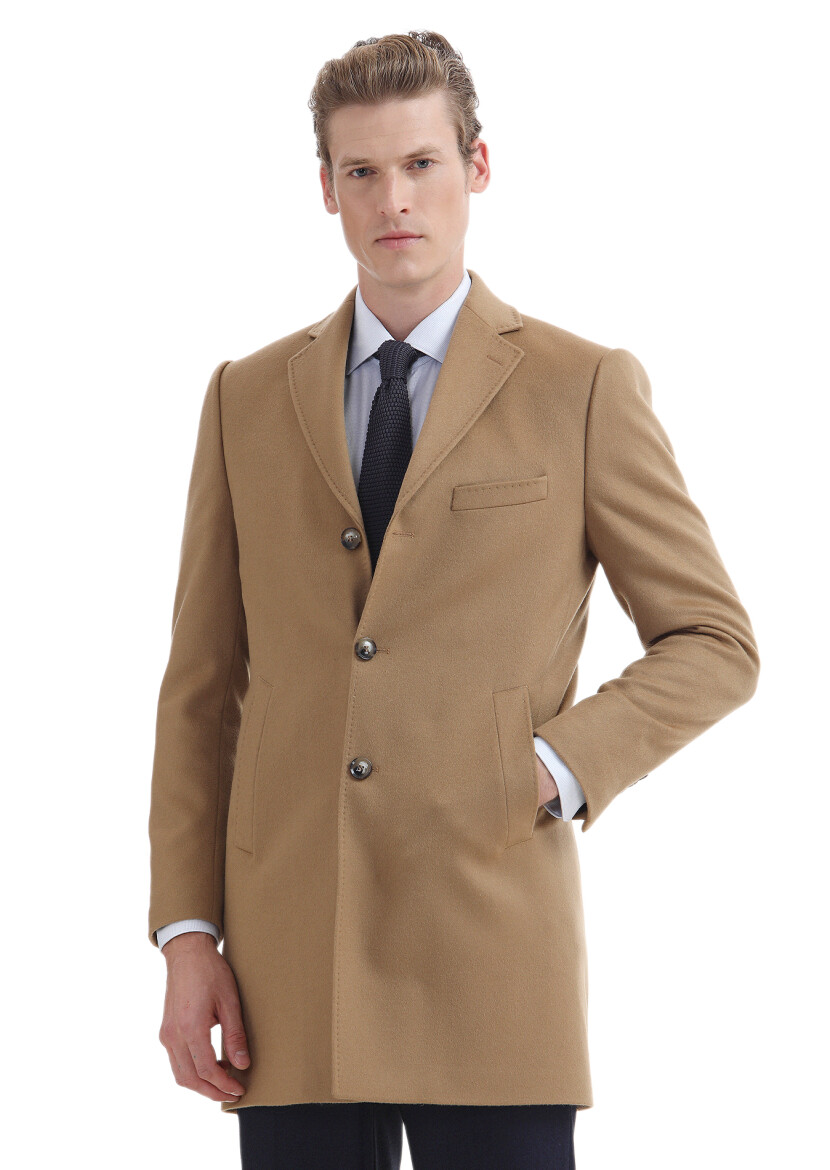 Buff Regular Fit Butterfly Collar Classical Weaving Overcoat - 1