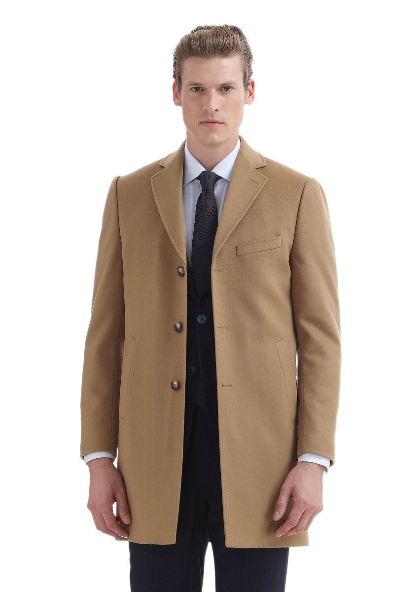 Buff Regular Fit Butterfly Collar Classical Weaving Overcoat - 3